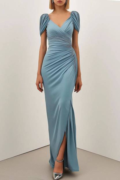 Party Semi-Formal Light Blue Dress Pleated Puff Sleeve Maxi Dress