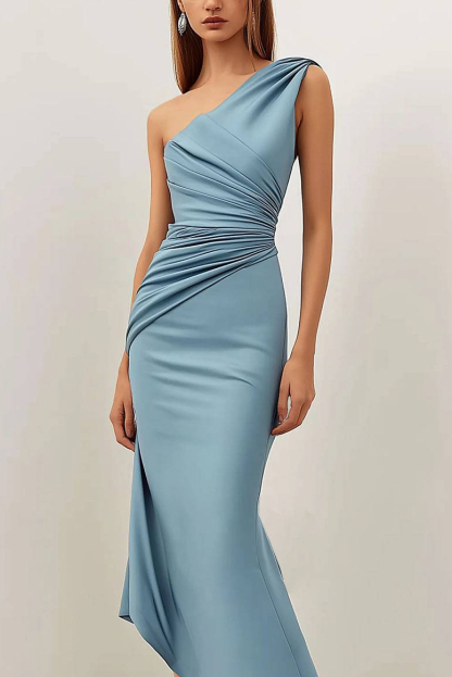 Party Prom Light Blue Dress Pleated One-Shoulder Dipped Hem Dress