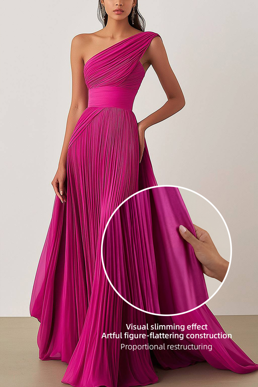 Prom Formal Pleated Dress Rose Color One-Shoulder Maxi Dress