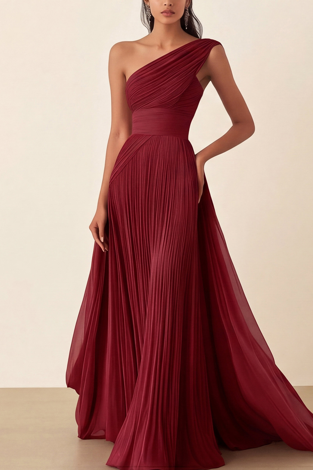 Prom Formal Pleated Dress Rose Color One-Shoulder Maxi Dress