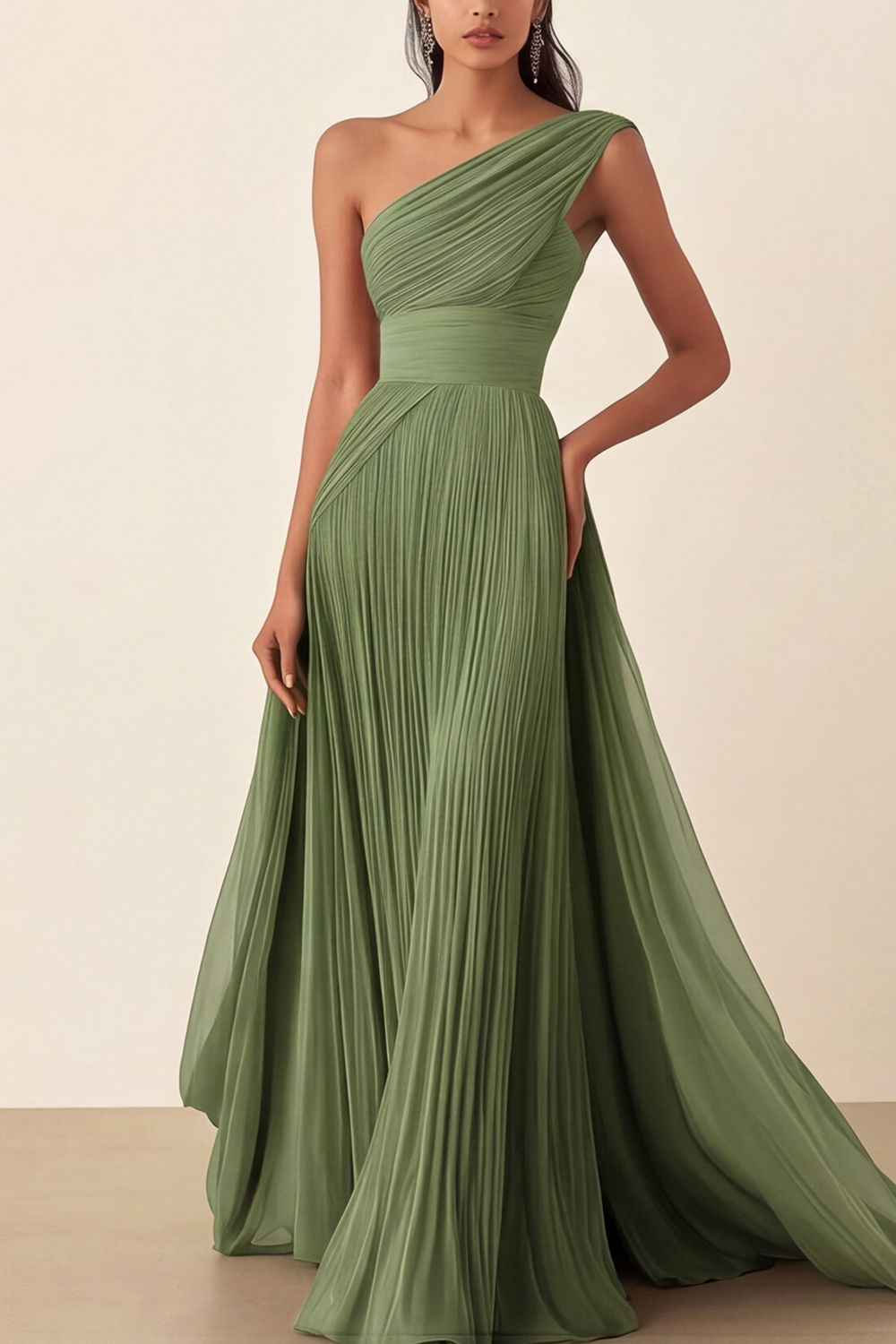 Prom Formal Pleated Dress Rose Color One-Shoulder Maxi Dress