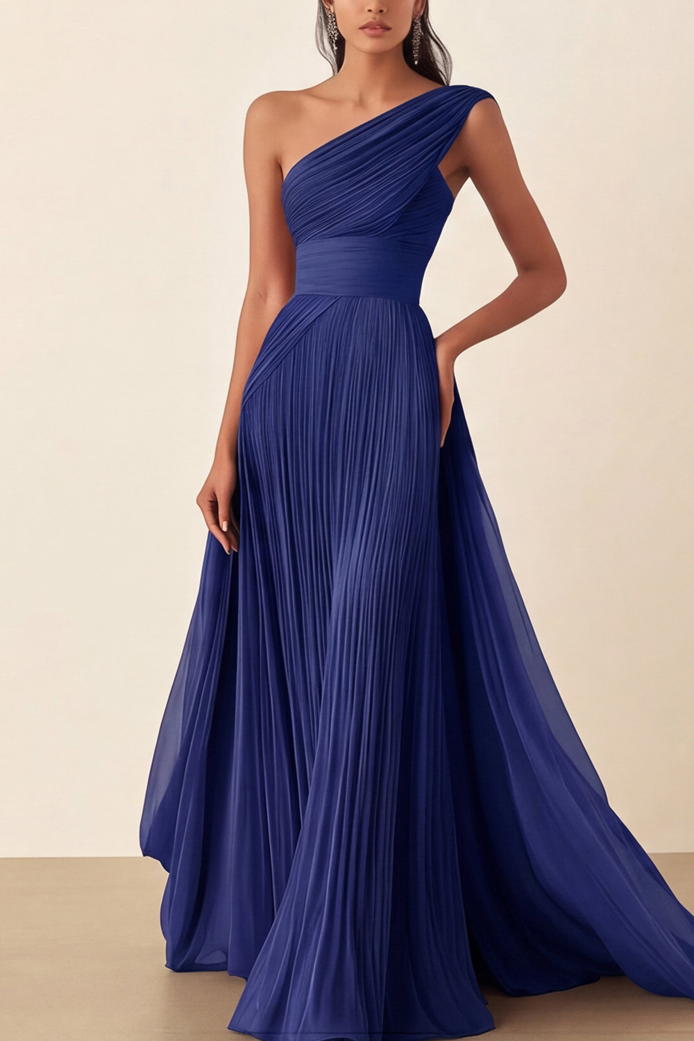 Prom Formal Pleated Dress Rose Color One-Shoulder Maxi Dress