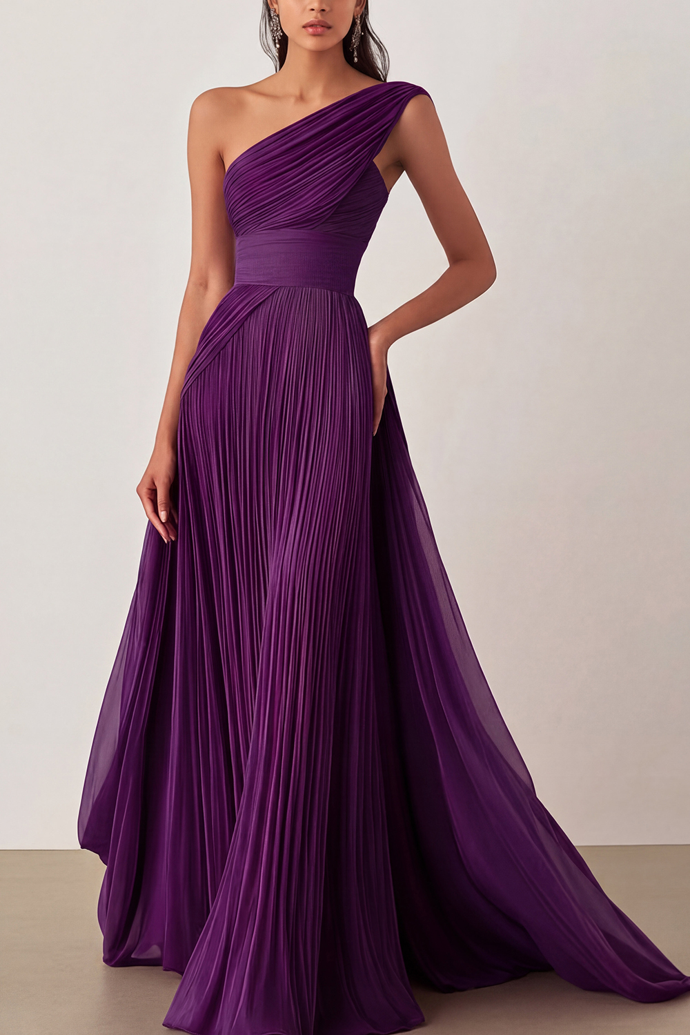 Prom Formal Pleated Dress Rose Color One-Shoulder Maxi Dress