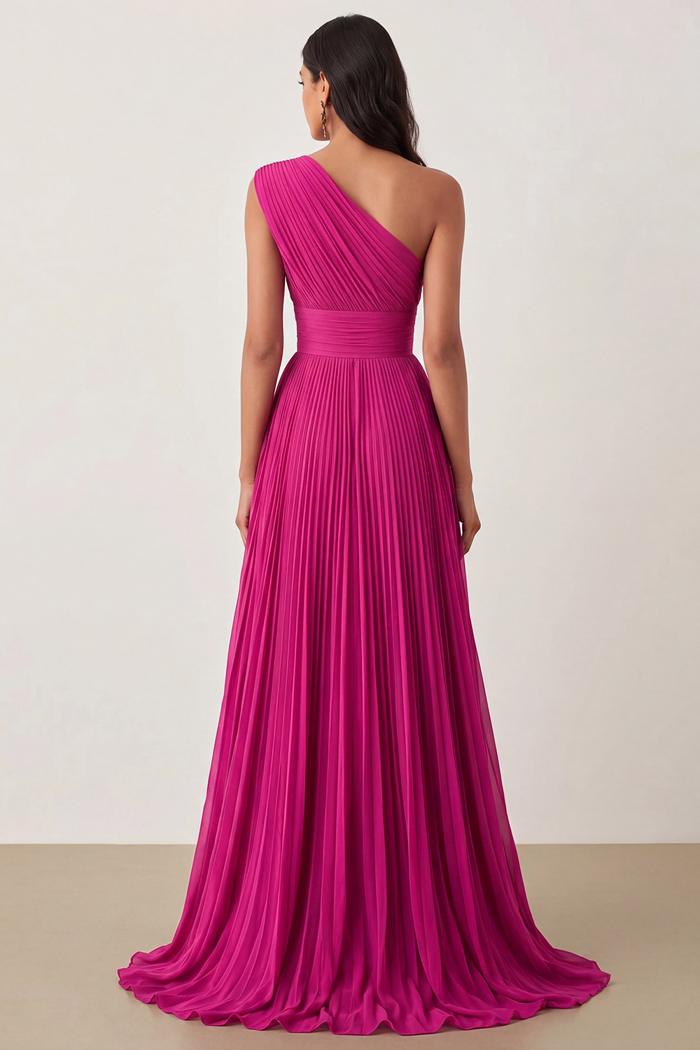 Prom Formal Pleated Dress Rose Color One-Shoulder Maxi Dress