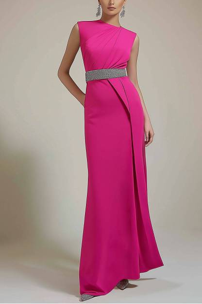 Party Semi-Formal Dress Rose Color Pleated Sleeveless Belted Maxi Dress