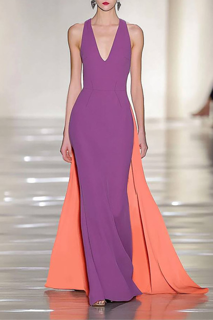 Chic Party Dress Purple-Orange Color Block Sleeveless Train Dress