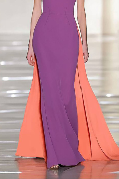 Chic Party Dress Purple-Orange Color Block Sleeveless Train Dress