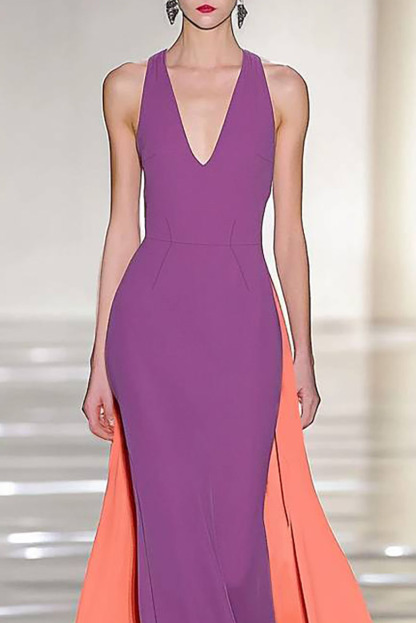 Chic Party Dress Purple-Orange Color Block Sleeveless Train Dress