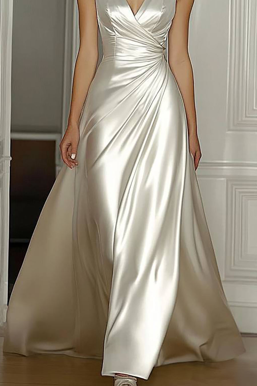 Evening Prom Satin Dress Off-White Sleeveless V-Neck Floor-Length Dress