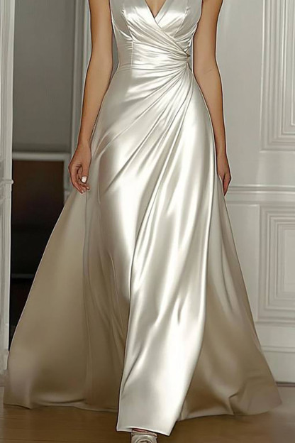 Evening Prom Satin Dress Off-White Sleeveless V-Neck Floor-Length Dress