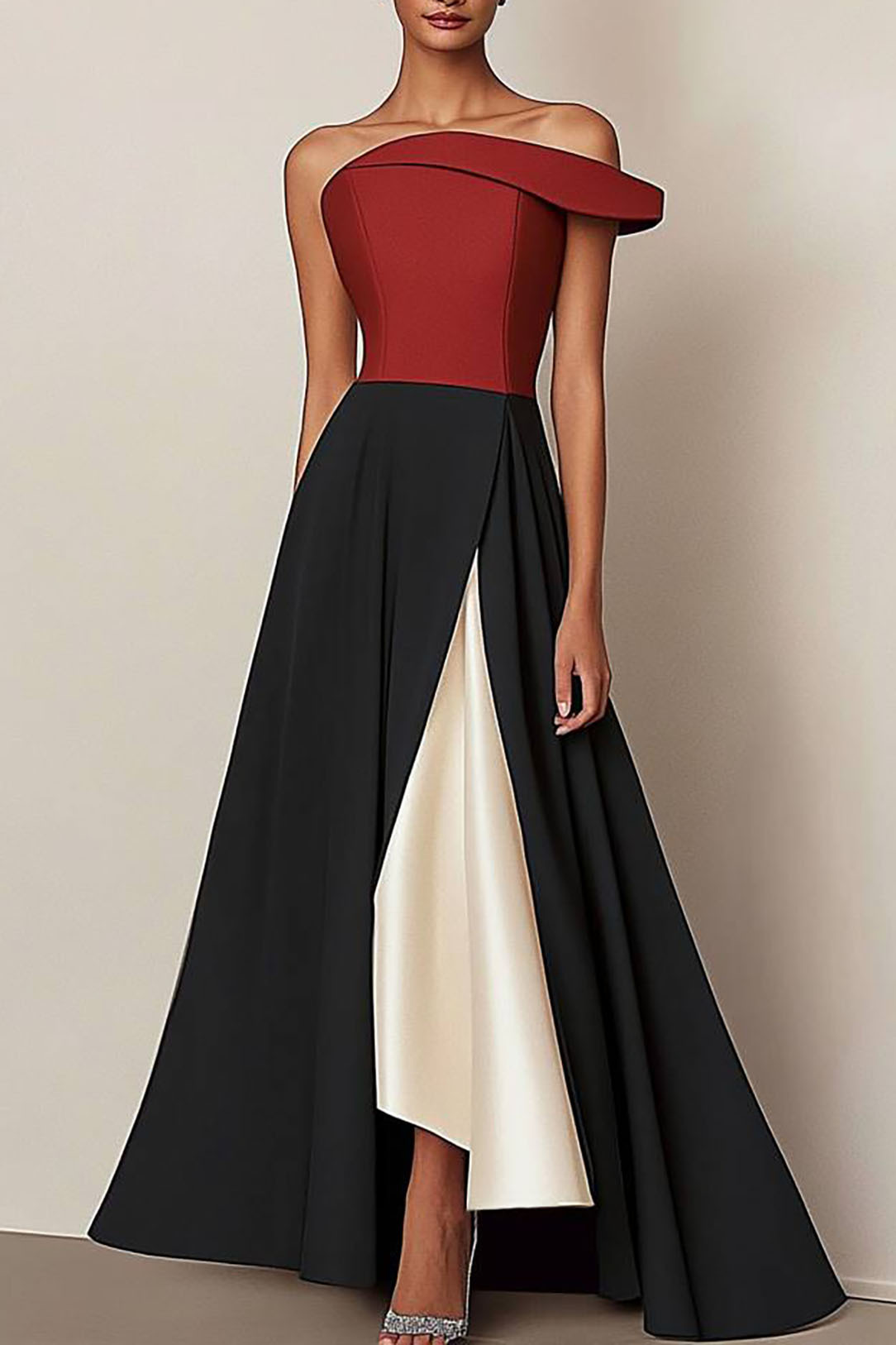 Prom Party Satin Dress Purple-White Color Block Deep V-Neck Waistband