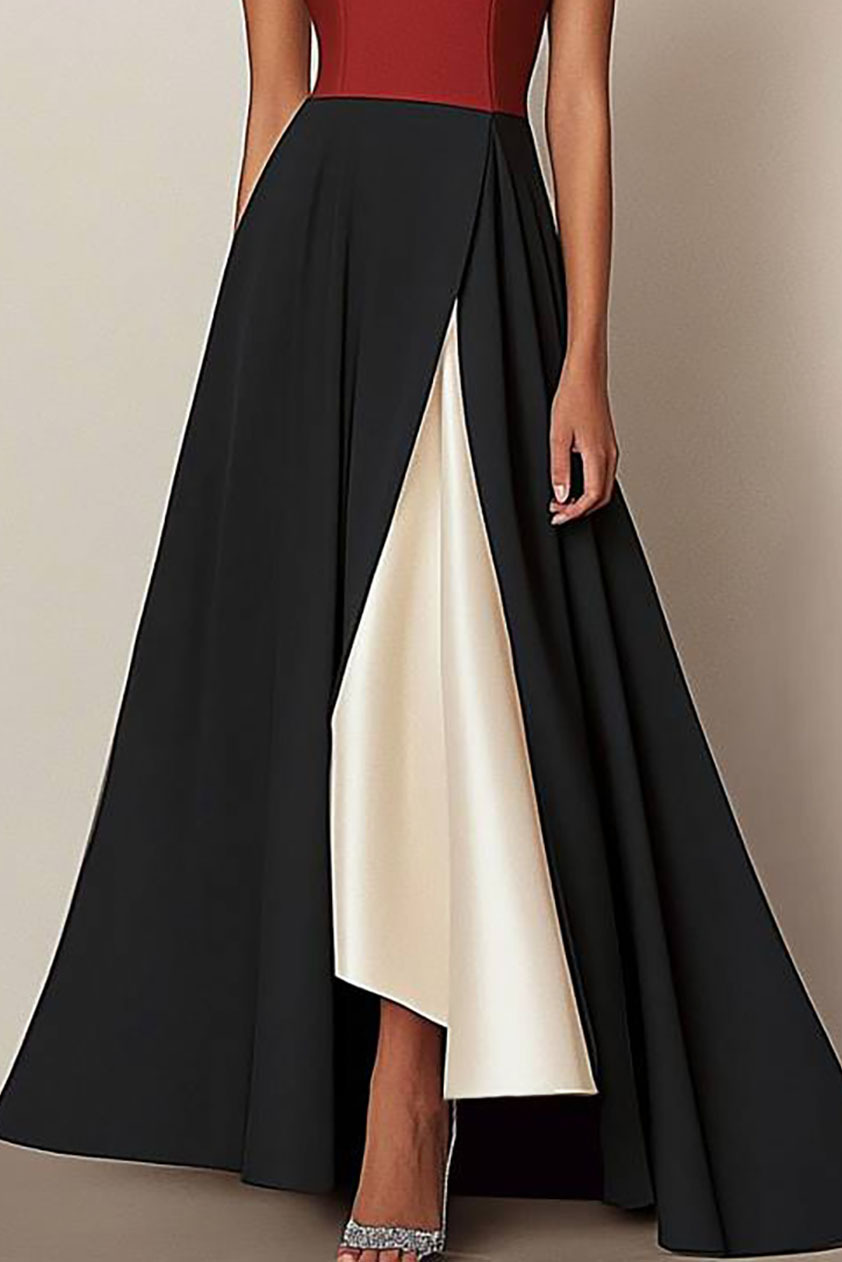 Prom Party Color Block Dress Red-Black-White Off-Shoulder Asymmetrical Maxi Dress