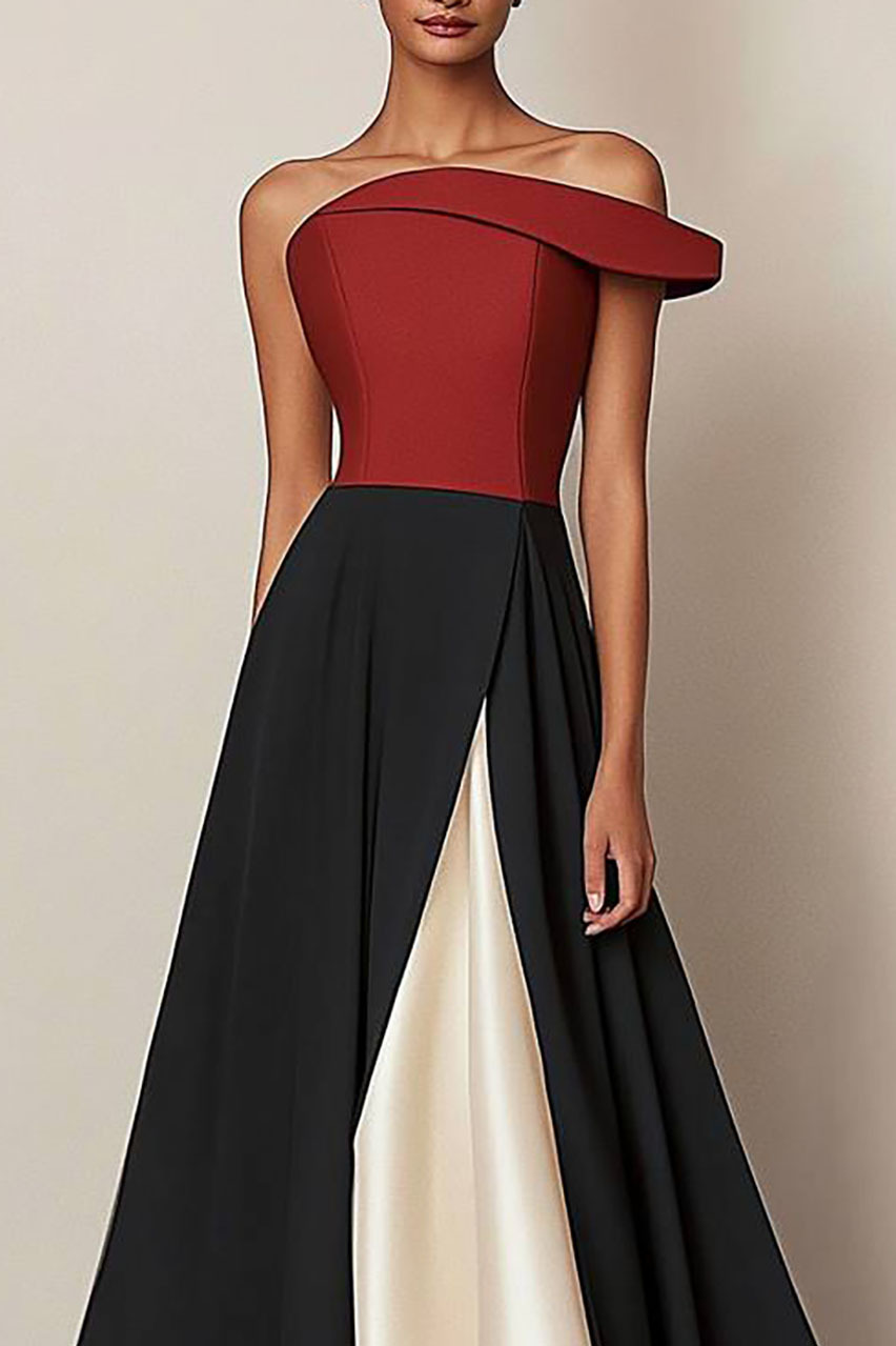 Prom Party Color Block Dress Red-Black-White Off-Shoulder Asymmetrical Maxi Dress
