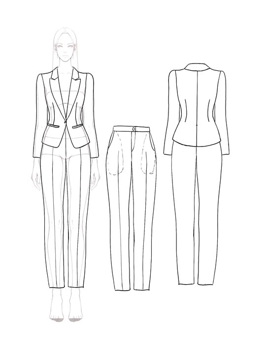 Party Work Suit Black and White Long Sleeve Collared Pocketed Trousers Suit