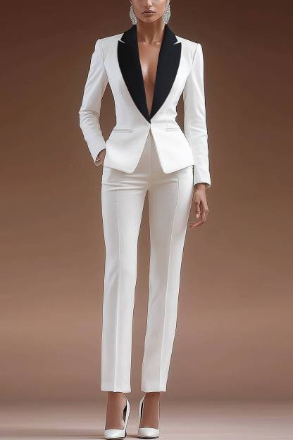 Party Work Suit Black and White Long Sleeve Collared Pocketed Trousers Suit