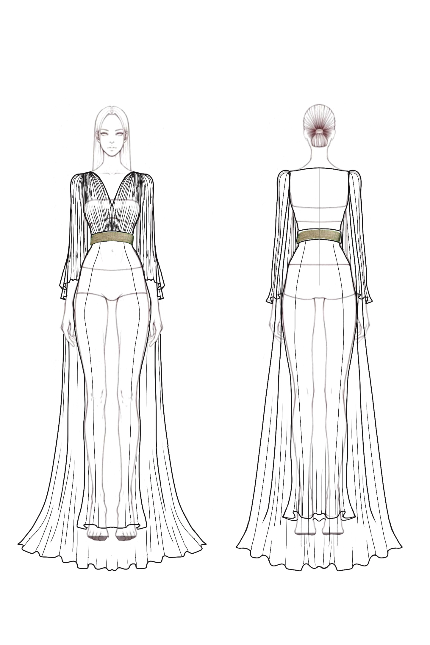 Evening Formal Dress Cape Long Sleeve Rhinestone Waistband V-Neck Maxi Dress