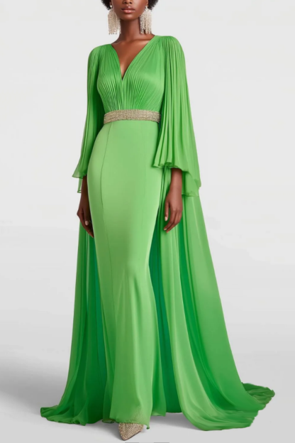 Evening Formal Dress Cape Long Sleeve Rhinestone Waistband V-Neck Maxi Dress