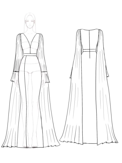 Evening Formal Dress Cape Long Sleeve Rhinestone Waistband V-Neck Maxi Dress