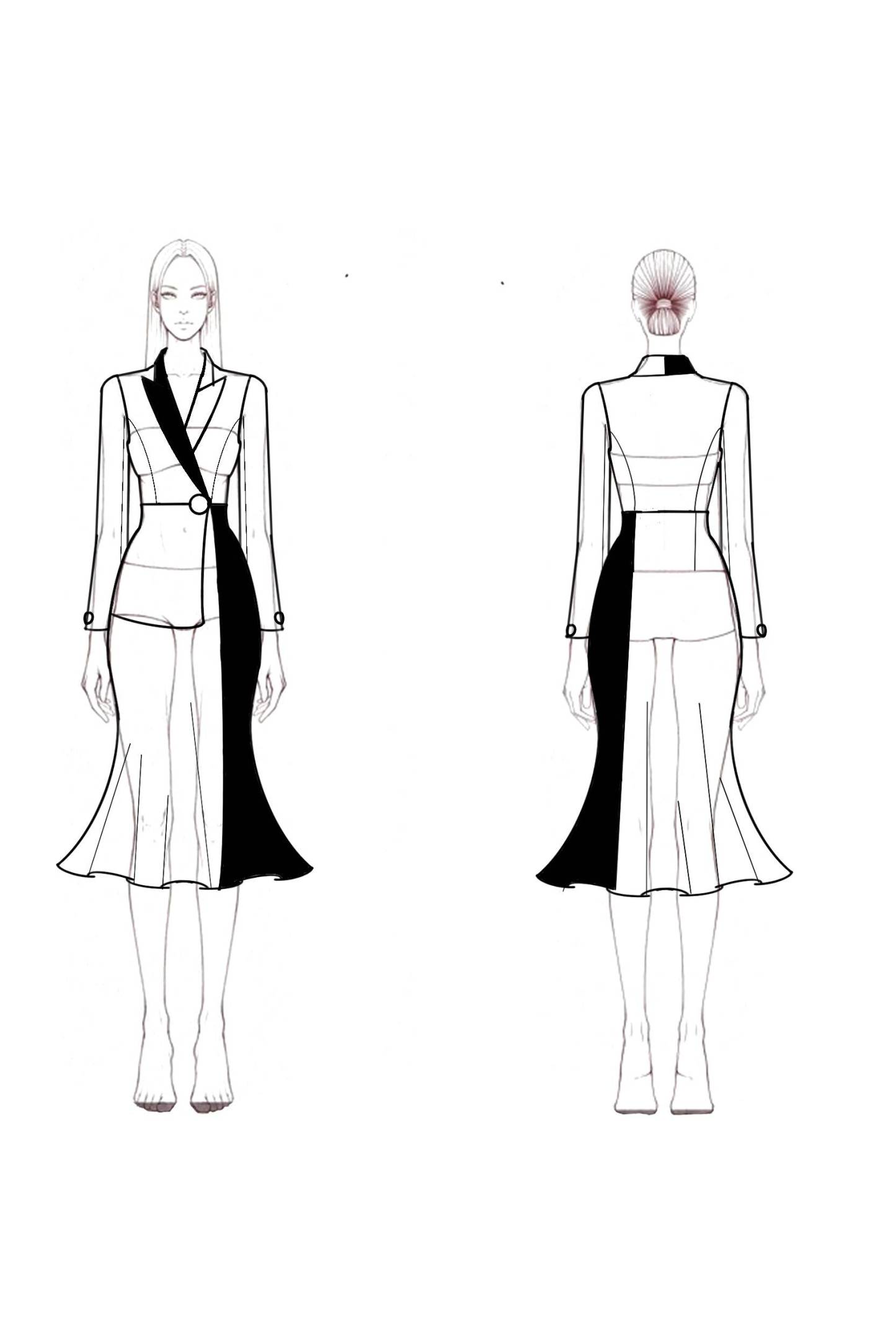 Business Work Blazer Dress Color Block Long Sleeve Mermaid Collar Midi Dress