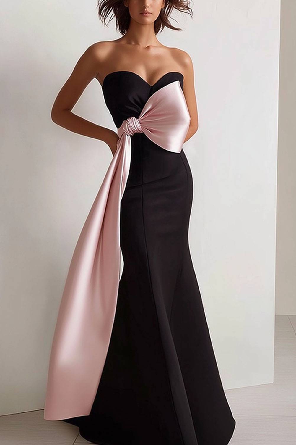Prom Party Satin Dress Purple-White Color Block Deep V-Neck Waistband