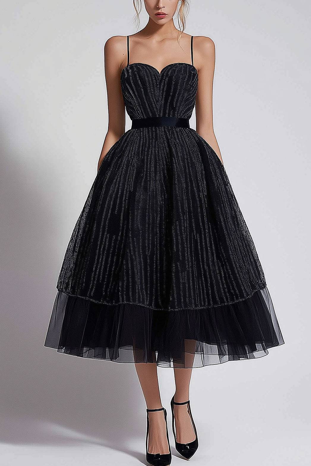 Prom Party Slip Dress Black Sequin Mesh Midi Dress