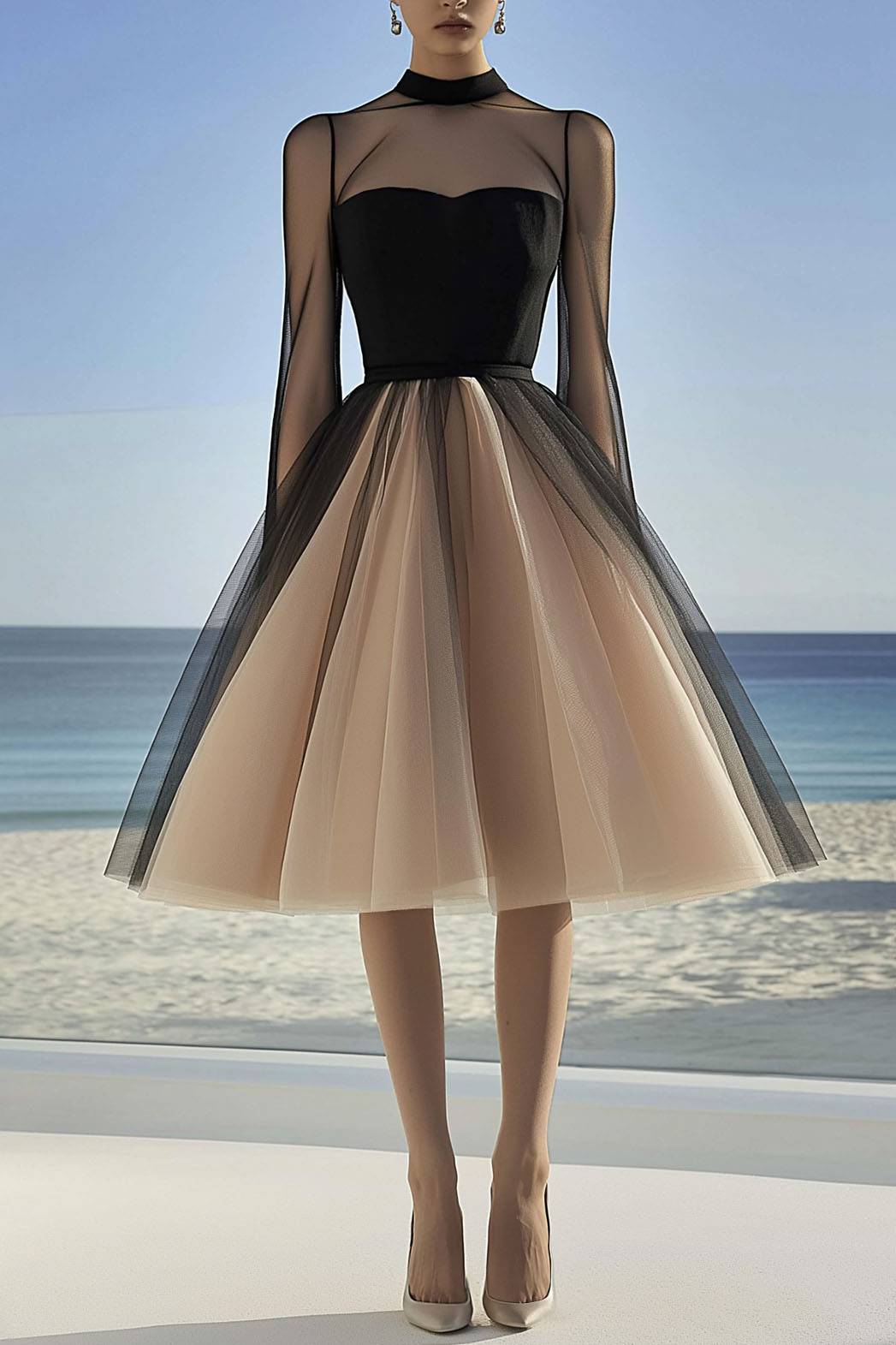 Prom Party Mesh Dress Color Block Long Sleeve Ball Gown Knee-Length Dress