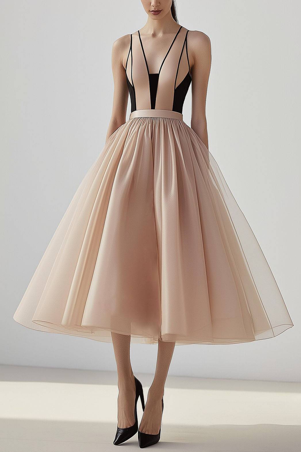 Prom Party Satin Dress Purple-White Color Block Deep V-Neck Waistband