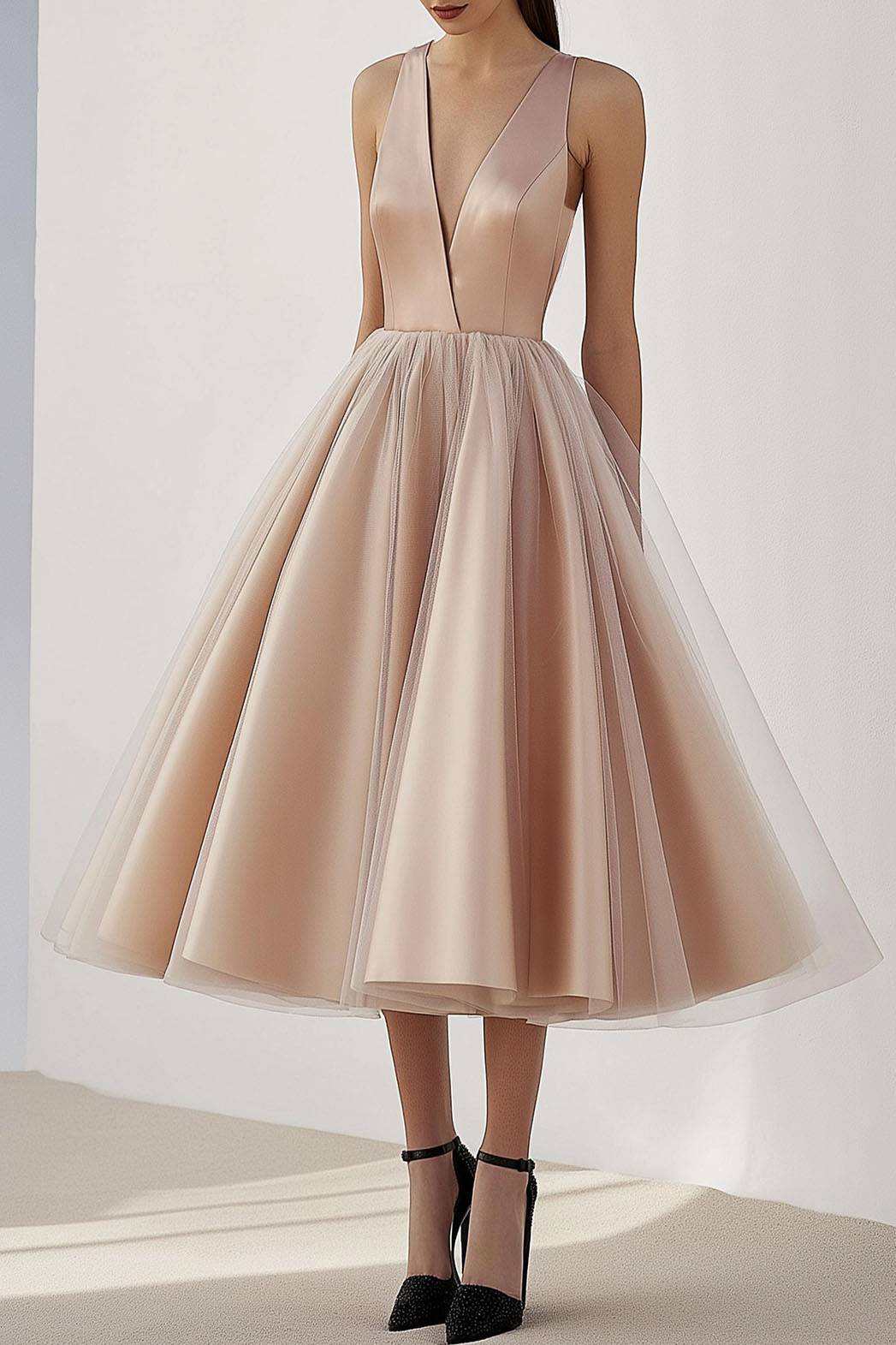 Prom Evening Mesh Dress Pink Sleeveless V-Neck Ball Gown Midi Dress