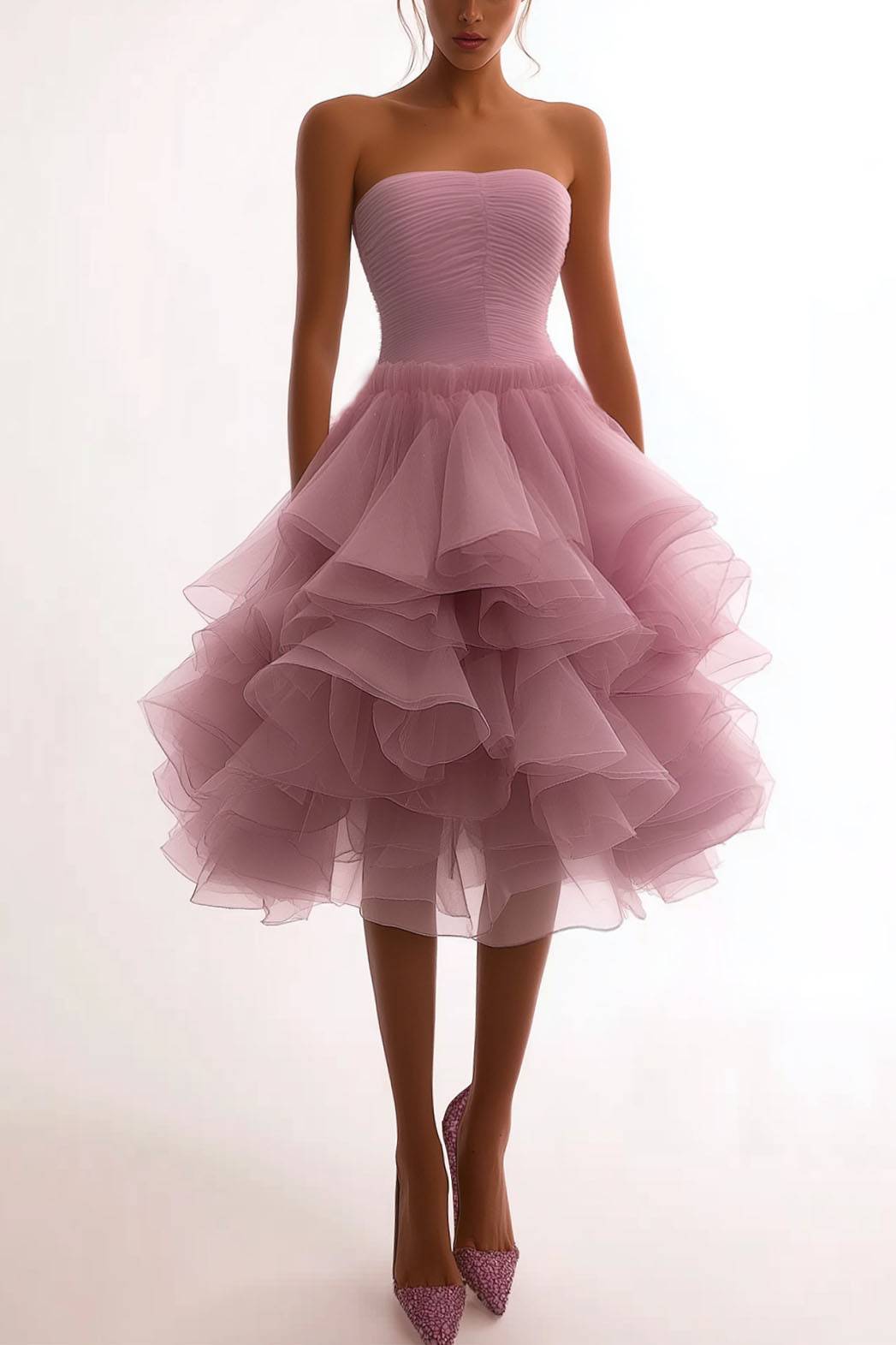 Prom Party Dress Pink Strapless Ruched Tulle Midi Dress