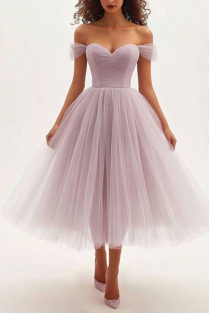 Prom Evening Tulle Dress Off-Shoulder Light Pink Pleated Midi Graduation Gown