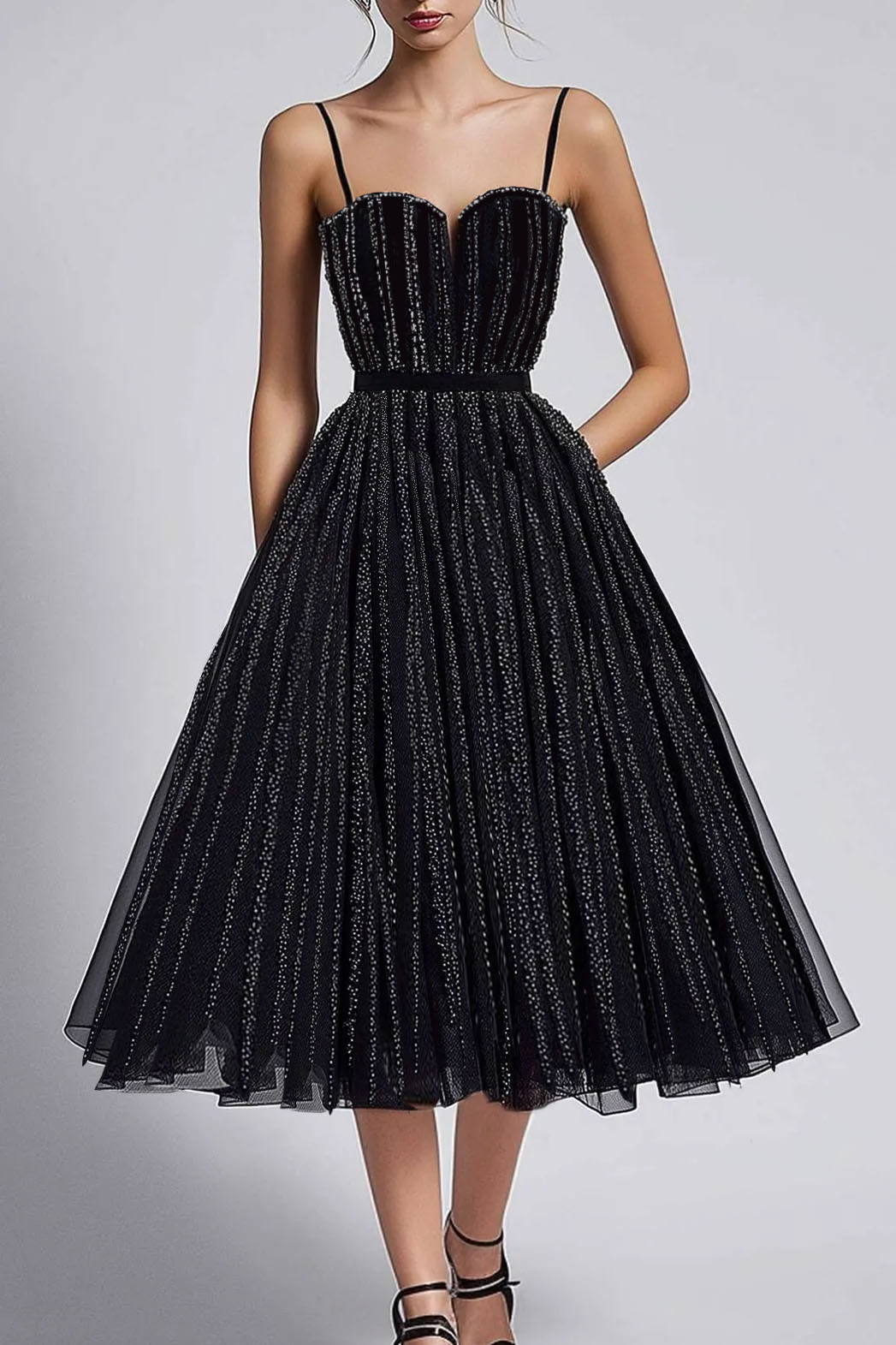Prom Party Mesh Dress Slip Black Pleated Glitter Midi Dress