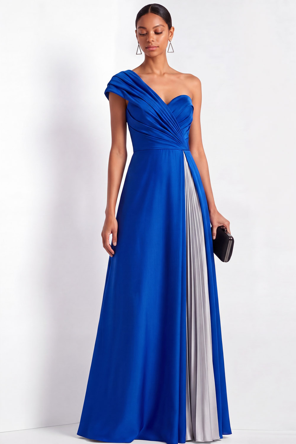 Evening Formal One-Shoulder Dress Pleated Color-block Maxi Dress