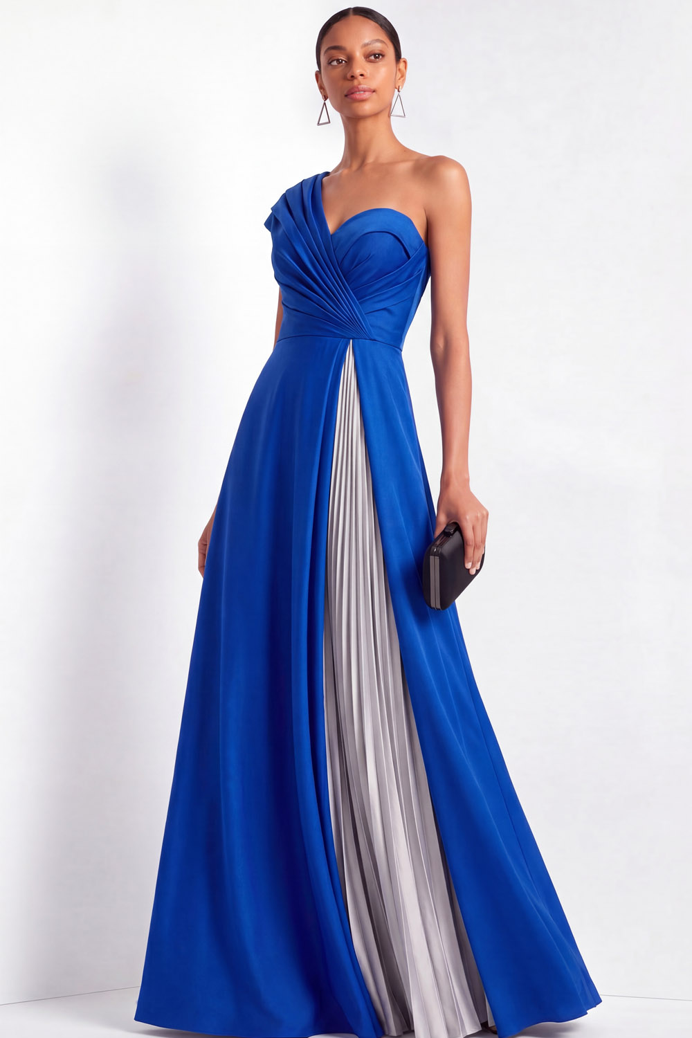 Evening Formal One-Shoulder Dress Pleated Color-block Maxi Dress