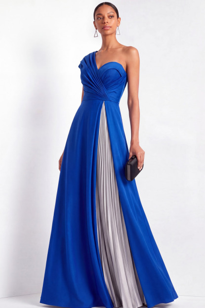 Evening Formal One-Shoulder Dress Pleated Color-block Maxi Dress