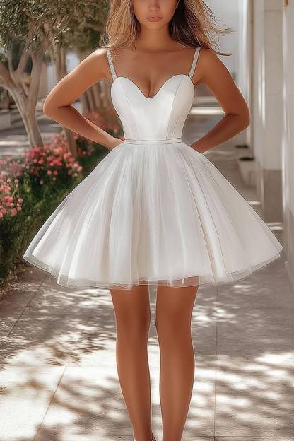 Party Prom Strappy Dress White Satin Tulle Super Short Gown-chiclody
