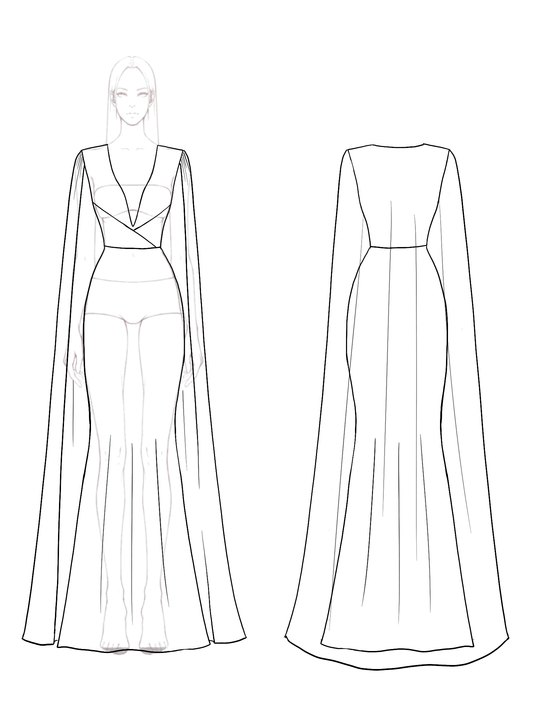 Formal Evening Dress Rhinestone Deep V Cape Mermaid Floor-length Dress