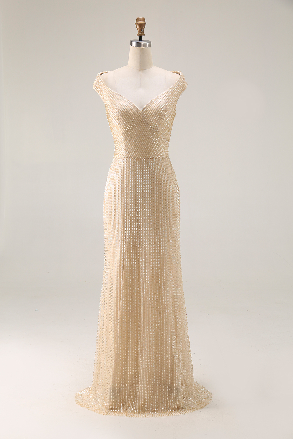 Evening Formal Dress Gold Sequin Off-The-Shoulder Maxi Gown