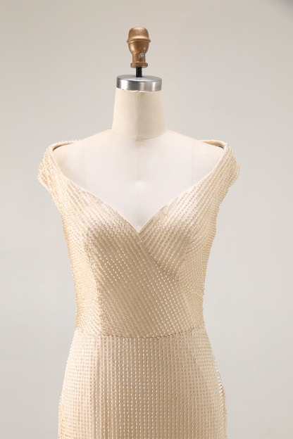 Evening Formal Dress Gold Sequin Off-The-Shoulder Maxi Gown