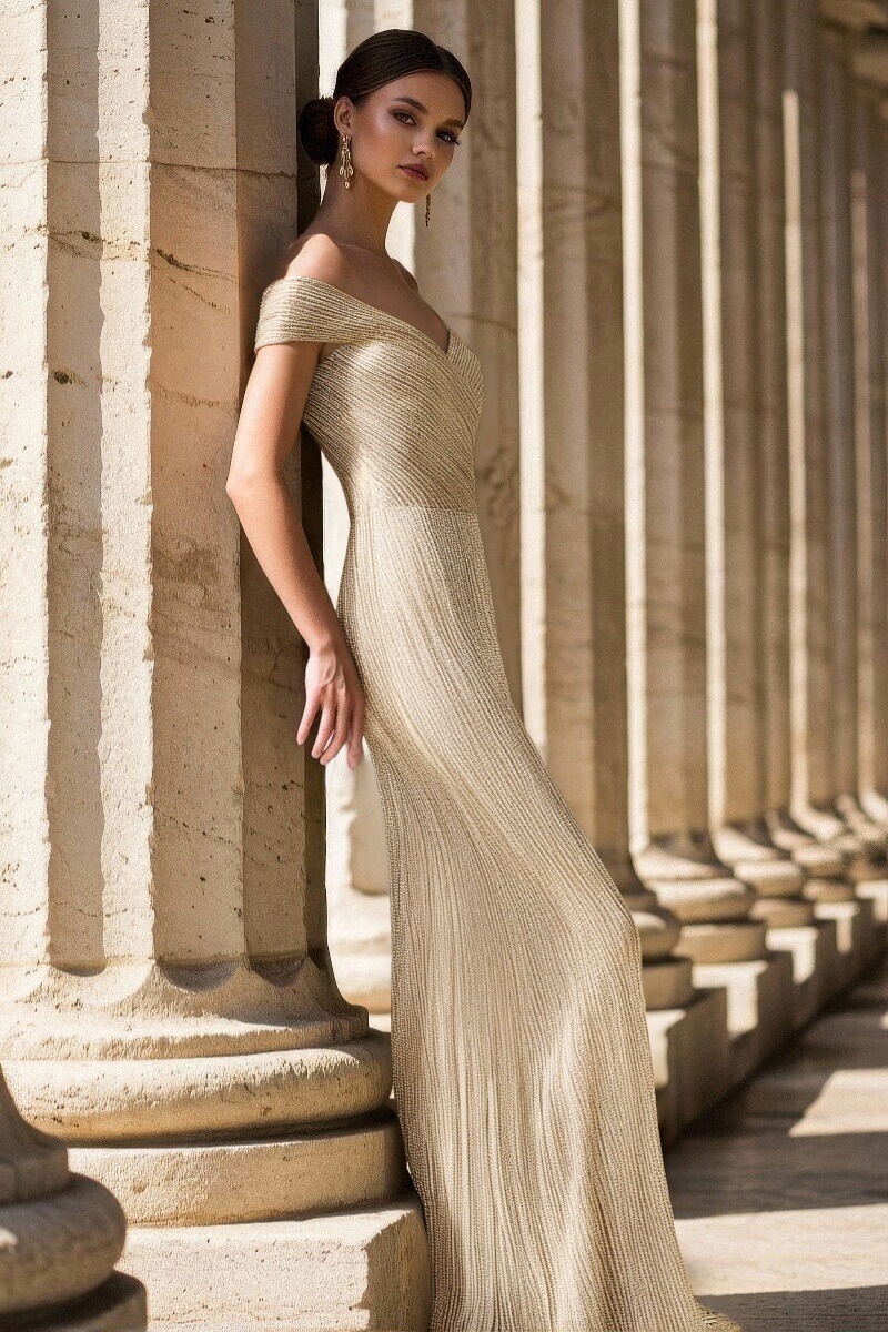 Prom Party Gold Gown V-Neck Off-Shoulder Maxi Dress