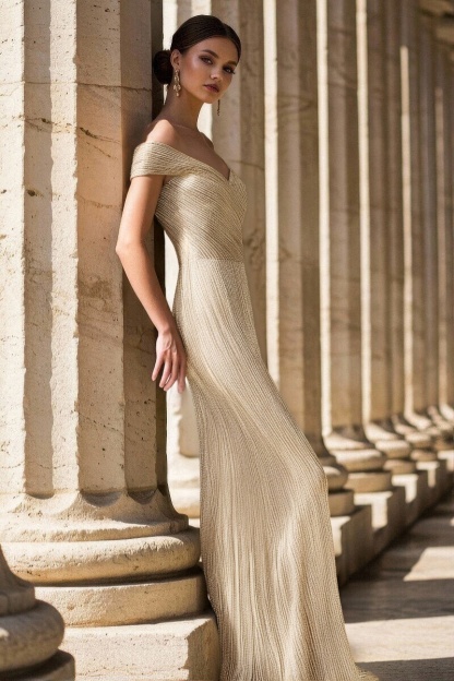 Prom Party Gold Gown V-Neck Off-Shoulder Maxi Dress