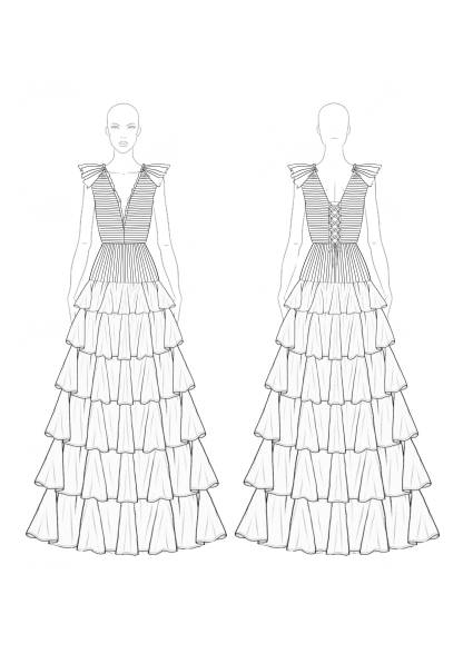 Formal Prom Rose Red Ball Gown Sleeveless V-Neck Tiered Pleated Maxi Dress