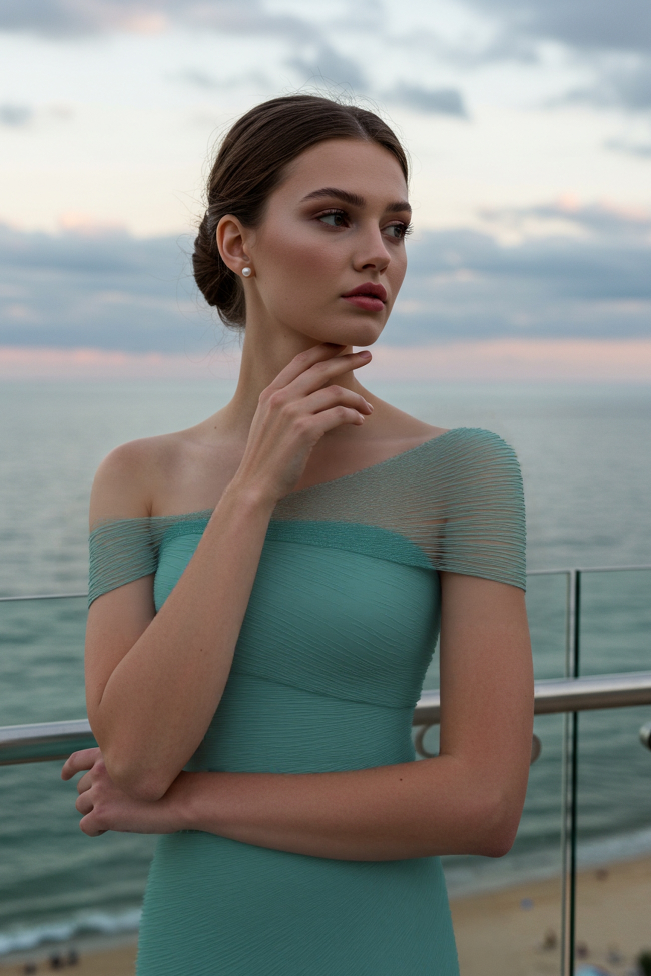 Evening Prom Light Blue Gown One Shoulder Glitter Pleated Maxi Dress