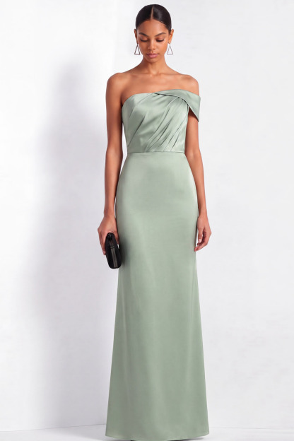 Evening Prom Sage Green Dress One Shoulder Satin Pleated Maxi Dress