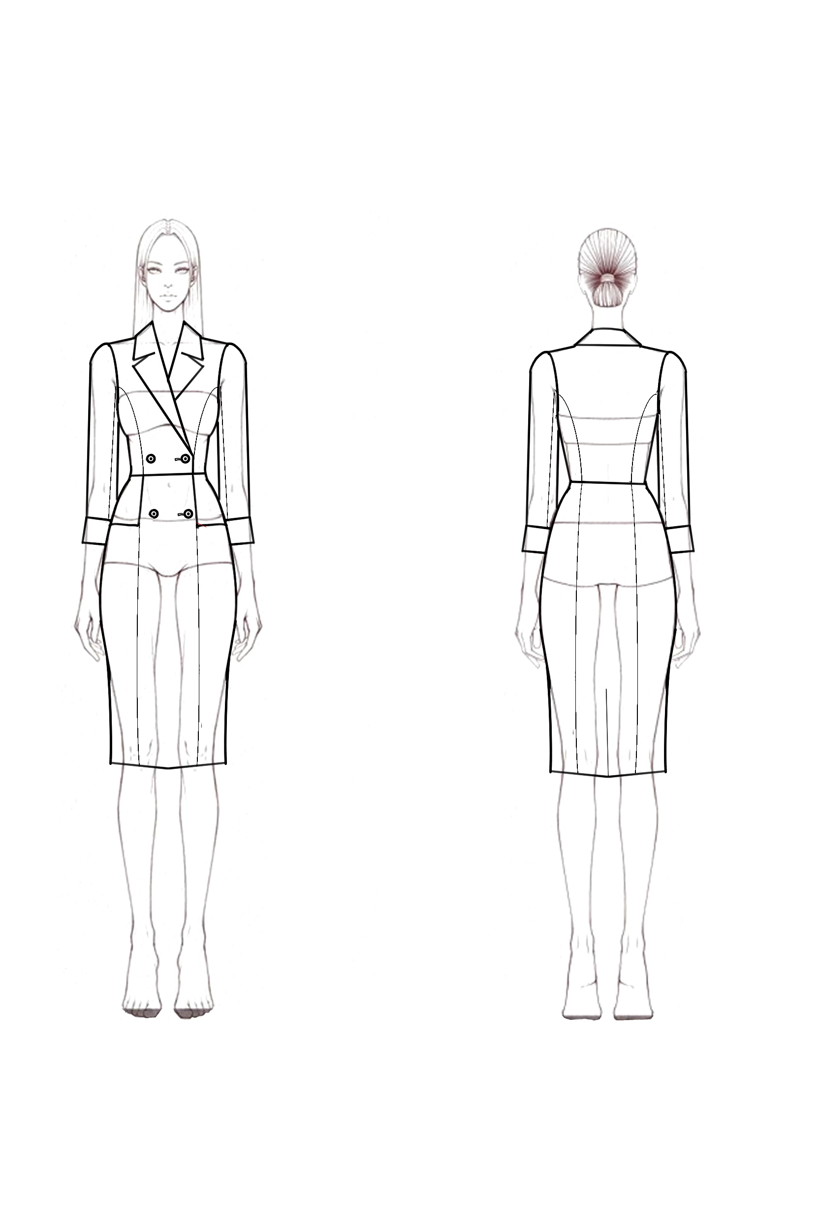 Business Suit Dress Collared Long Sleeve Buttoned Midi Dress