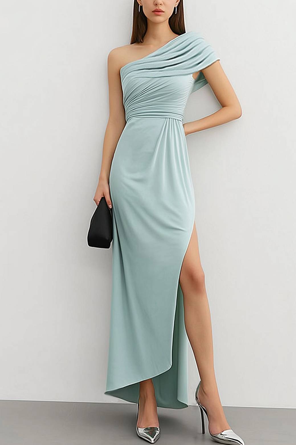 Work Dress One Shoulder Light Green Split Maxi Dress