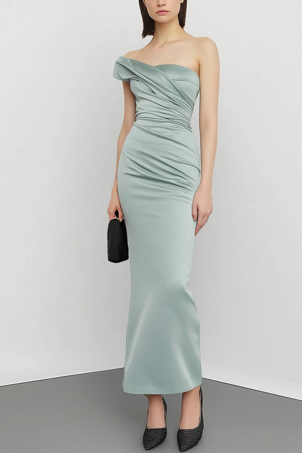 Formal Work Dress One Shoulder Light Green Maxi Dress