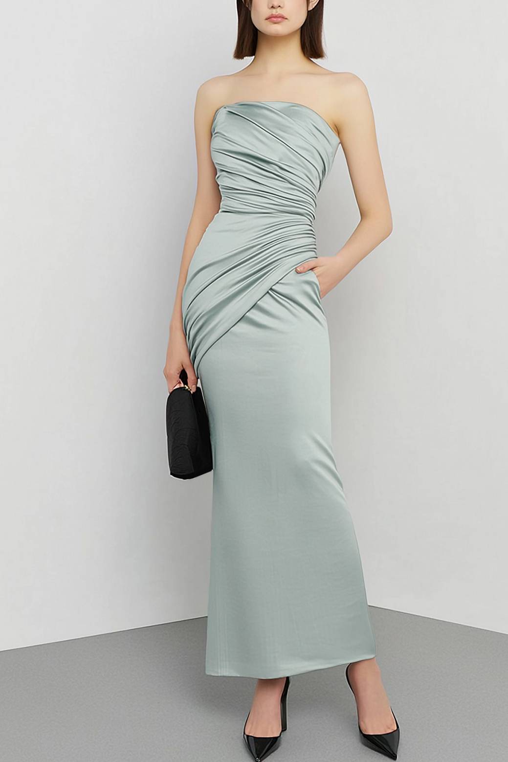 Work Dress Formal Off-shoulder Pleated Light Green Maxi Dress