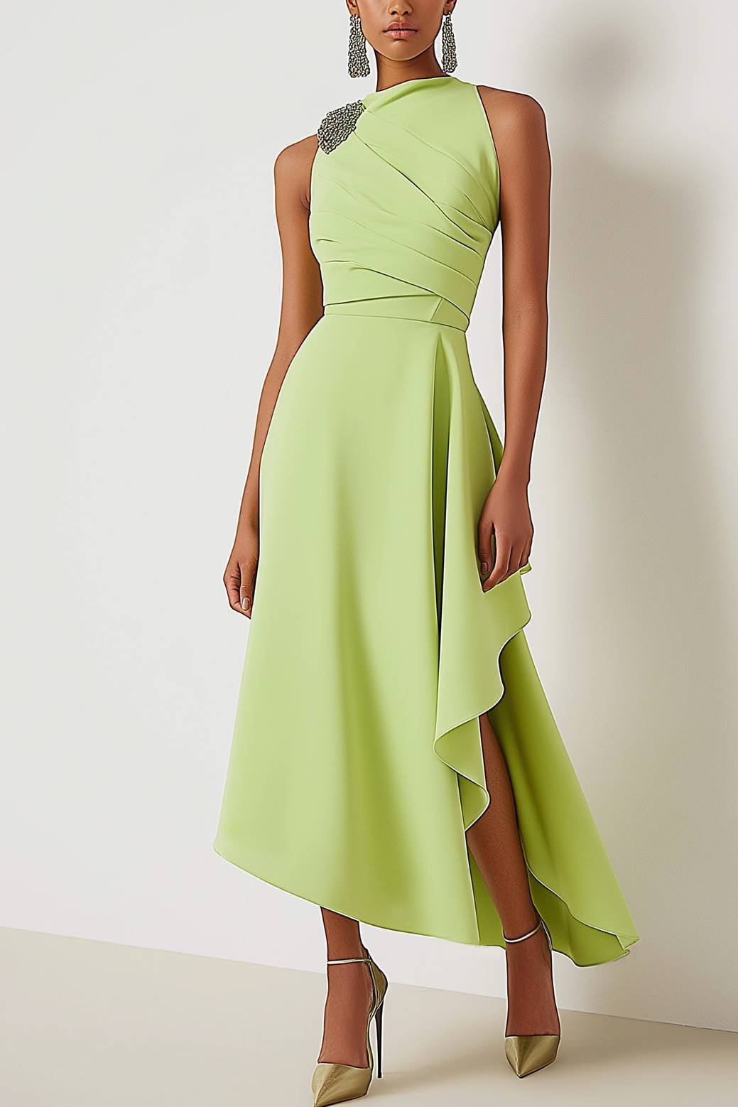 Cocktail Party Sleeveless Dress Green Knee-Length Dress
