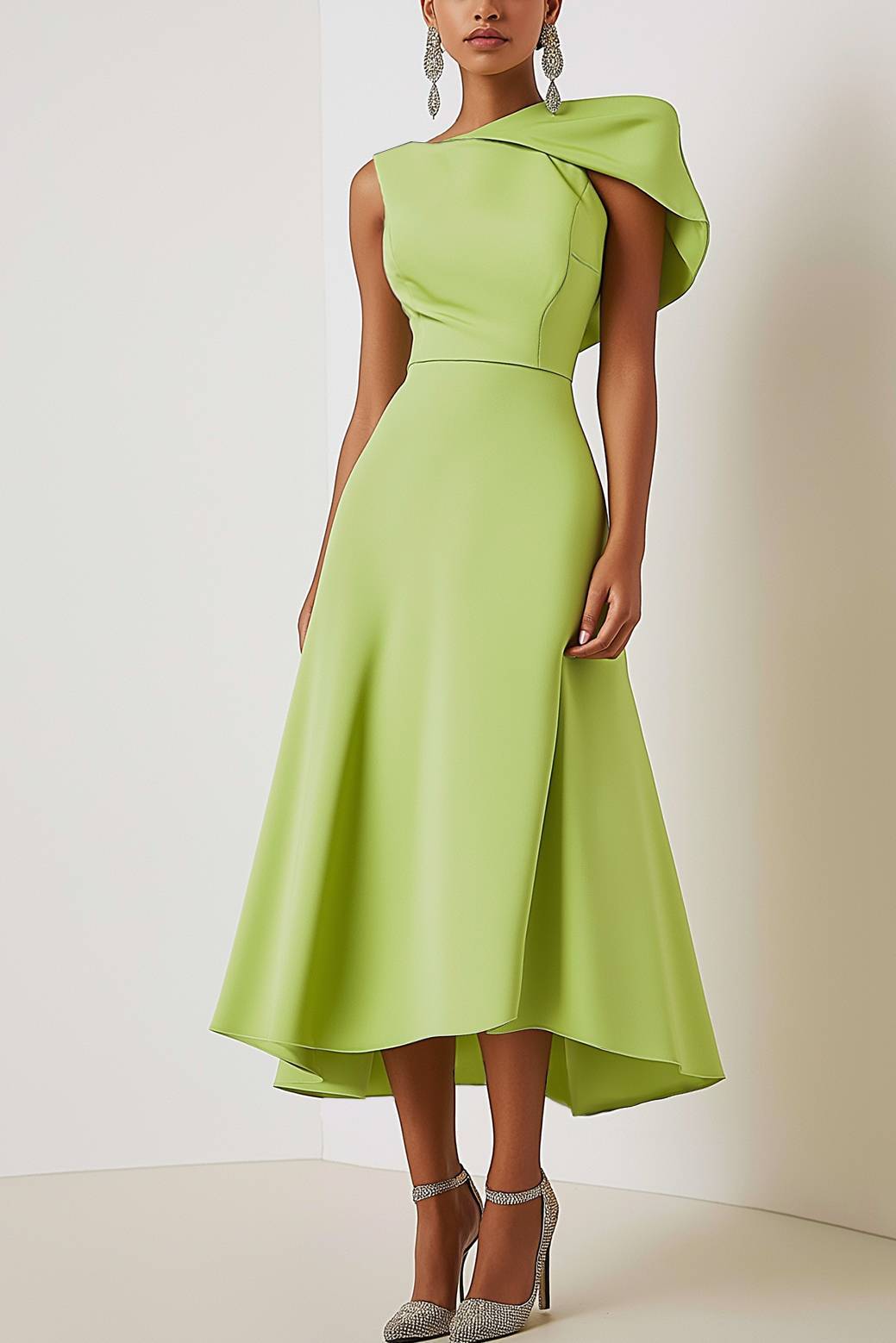 Formal One-shoulder Green Dress Knee-Length Dress