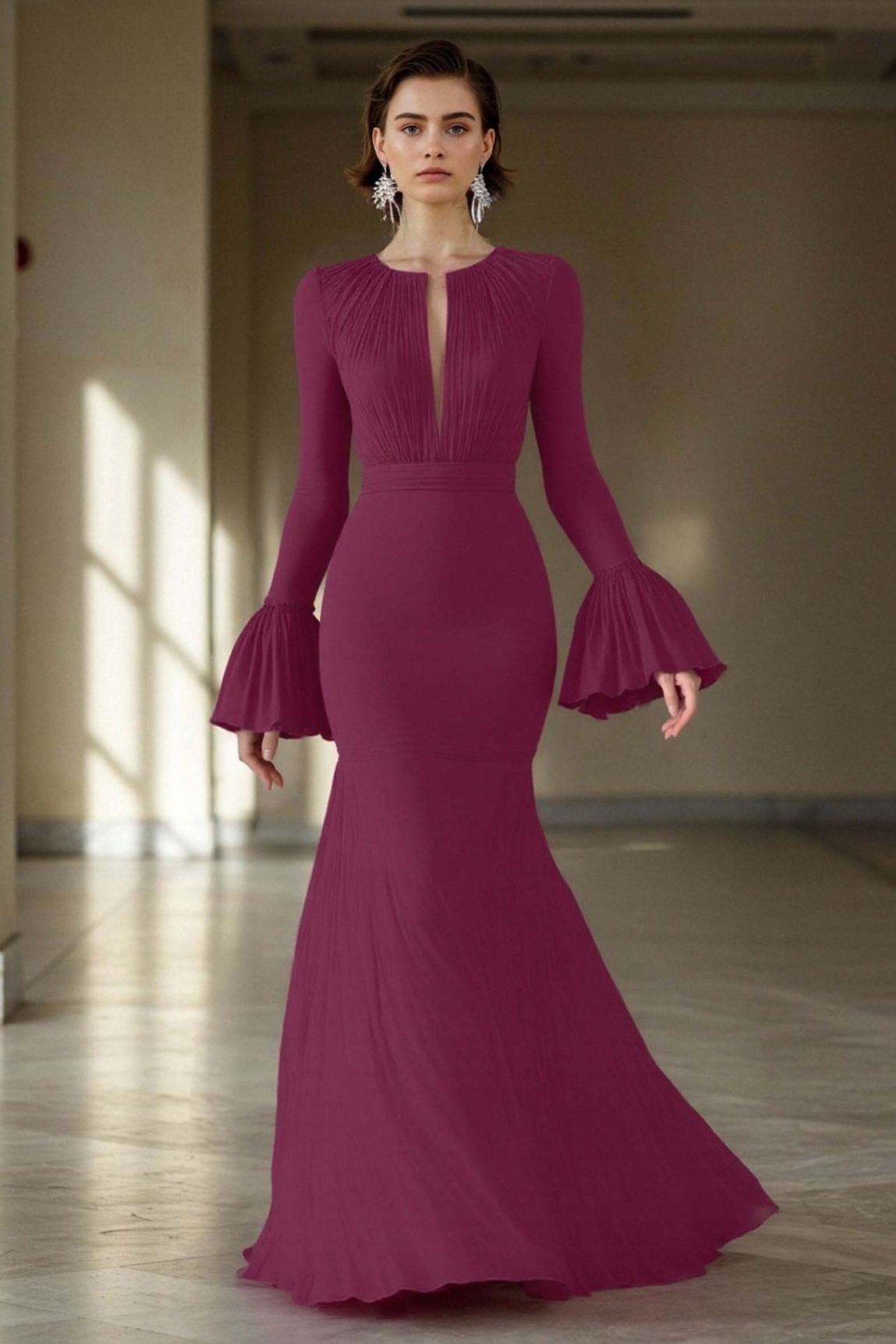 Party Formal Dress Purple Deep V-Neck Long Sleeve Ruffle Floor-Length Dress